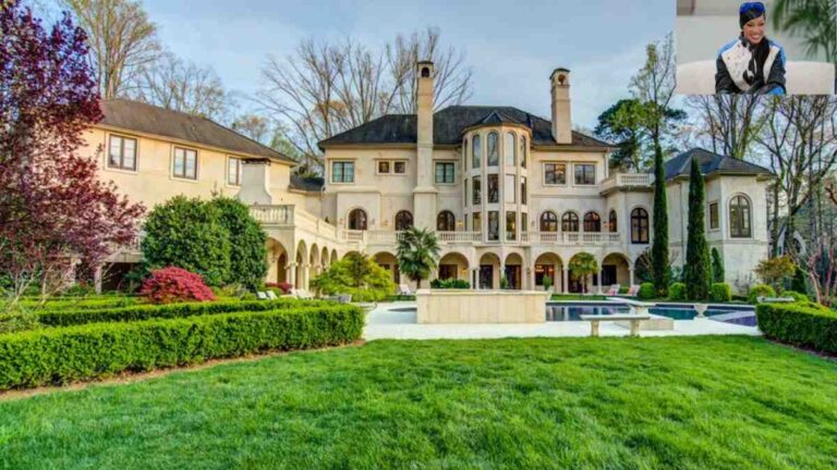 Cardi B Atlanta Mansion exterior view of $5.8M luxury home with marble staircases and chandeliers