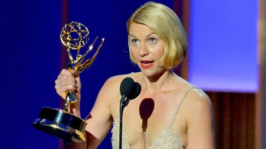 Claire Danes receiving awards for her role in Homeland, including multiple Emmy and Golden Globe accolades.