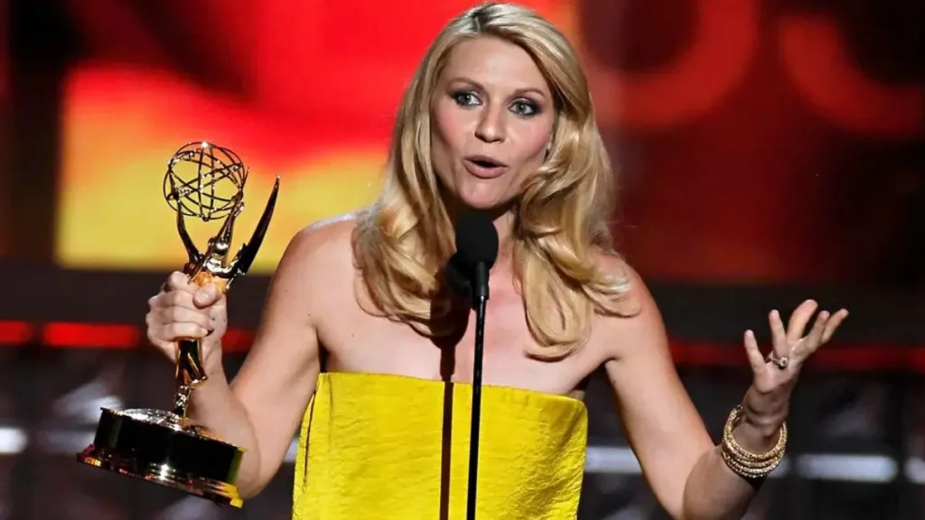 Claire Danes Emmy Awards win holding trophy on red carpet