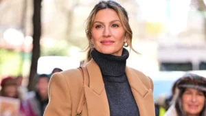 Gisele Bündchen showcasing her signature style: a blend of Brazilian minimalism and global couture, wearing eco-friendly luxury fashion.