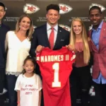 Patrick Mahomes Family together at Kansas City Chiefs event, featuring parents Pat Mahomes Sr., Randi Martin, siblings Jackson and Mia, and his wife Brittany