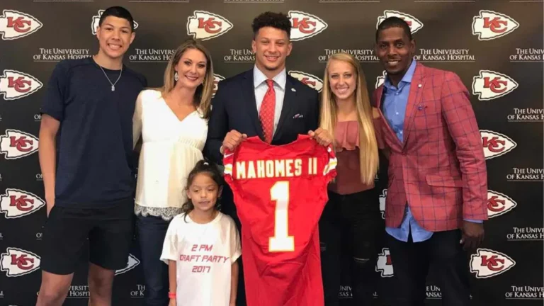 Patrick Mahomes Family together at Kansas City Chiefs event, featuring parents Pat Mahomes Sr., Randi Martin, siblings Jackson and Mia, and his wife Brittany