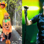 Pregnant Anna Kournikova smiling with her children in Halloween costumes.