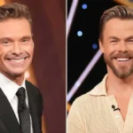 Derek Hough and Ryan Seacrest pictured at a media event, Derek smiling politely while turning slightly away as Ryan extends a hand.