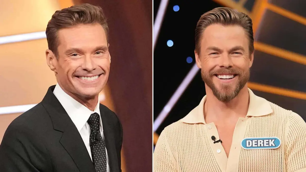 Derek Hough and Ryan Seacrest pictured at a media event, Derek smiling politely while turning slightly away as Ryan extends a hand.