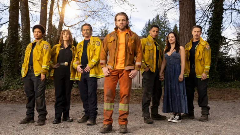 Full Fire Country Season 4 cast portrait with engines and CAL FIRE badges visible