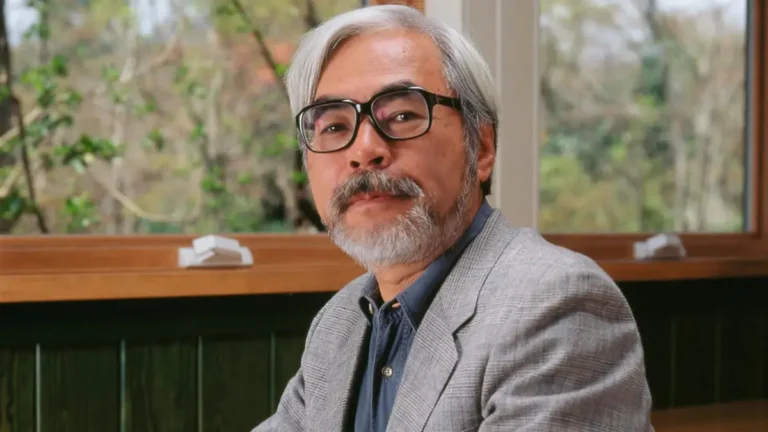 Hayao Miyazaki smiling during a Studio Ghibli interview