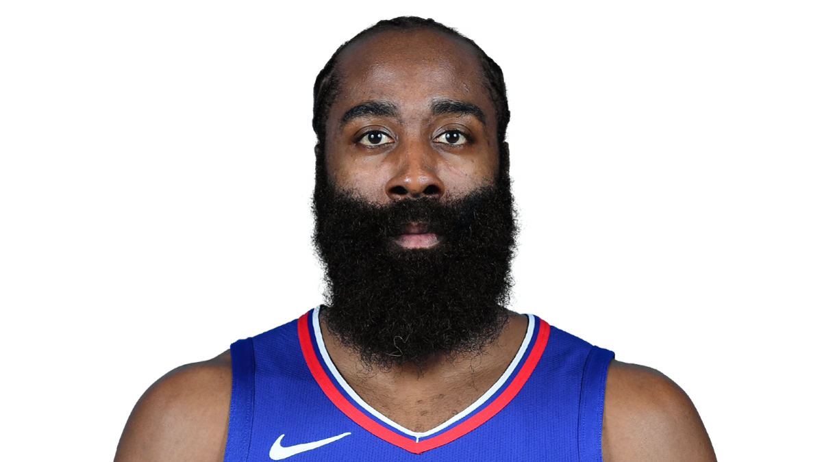 Close-up of James Harden with his signature beard, wearing a team jersey, looking directly at the camera.