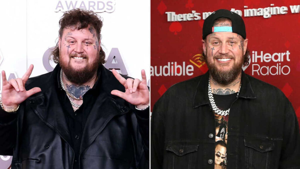 Side-by-side photos of Jelly Roll showing his transformation — before photo with fuller build, after photo showing noticeable weight loss and slimmer face.