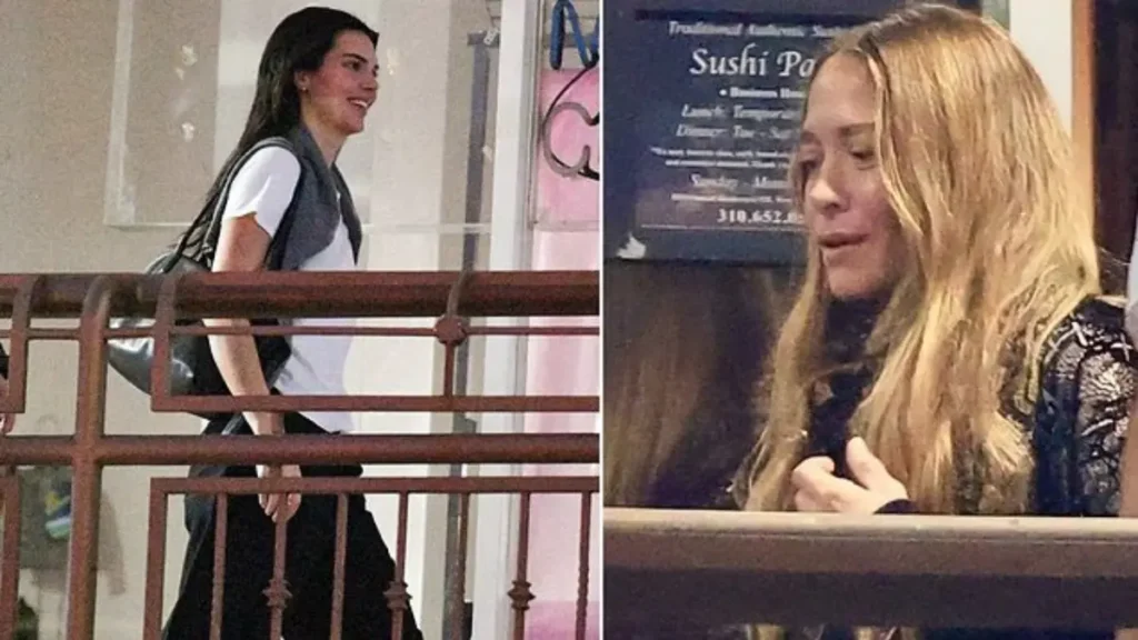 Kendall Jenner and Mary-Kate Olsen photographed arriving at an upscale restaurant, dressed elegantly in neutral tones.